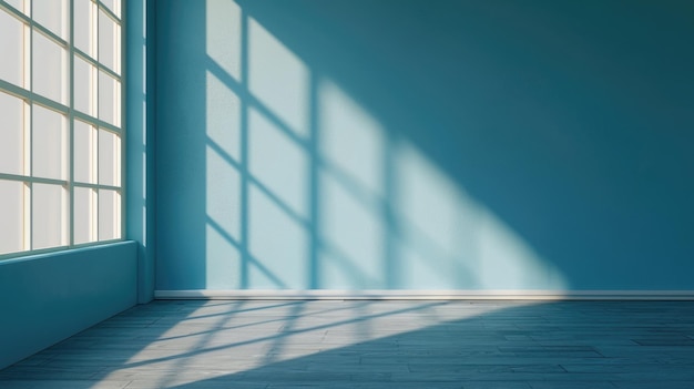 Photo empty room with minimalist sky blue wall background with sun shadow for product presentation