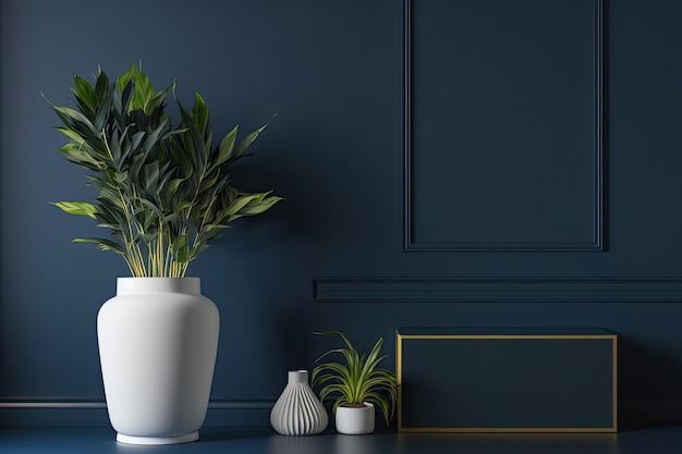 Empty room with modern dark blue wall metallic vase dry black plant and white wooden floor