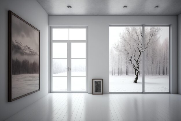 Photo an empty room with natureinspired wall art generative ai