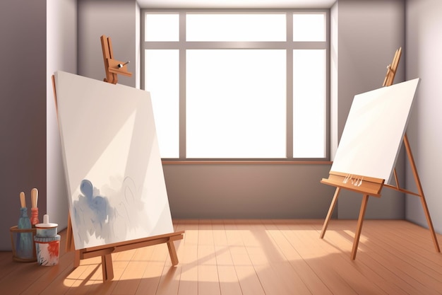 An empty room with a painting on the easel.