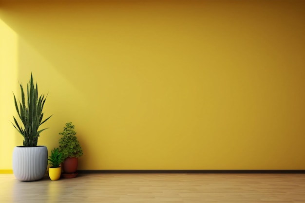 植物のある空の部屋には、黄色の壁の背景に木製の床があります
