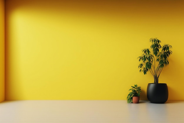 Empty room with plants have wooden floor on yellow wall background