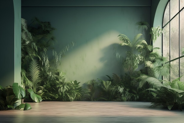 An empty room with plants and a light on the wall