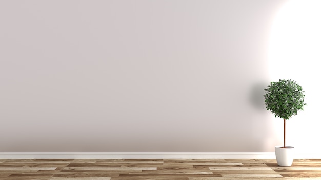 Empty room with plants on wooden floor, white wall background 