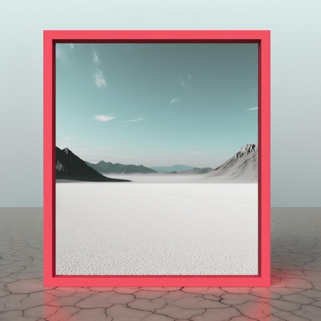 An empty room with a red frame and a mountain in the background