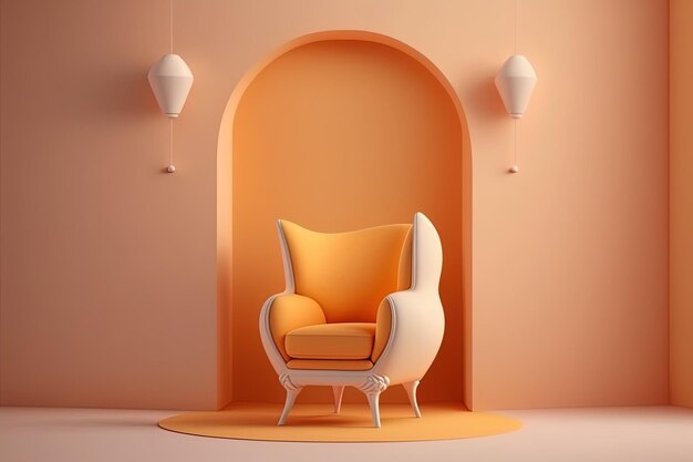 Empty room with a single armchair a pale orange wall and a white hardwood floor