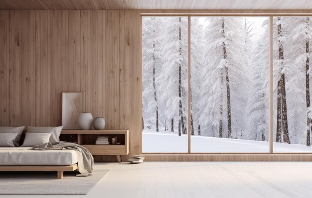 Empty room with a snowy scene in the background