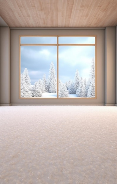 An empty room with a snowy view from the windows