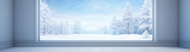 窓から雪が降る景色の空の部屋