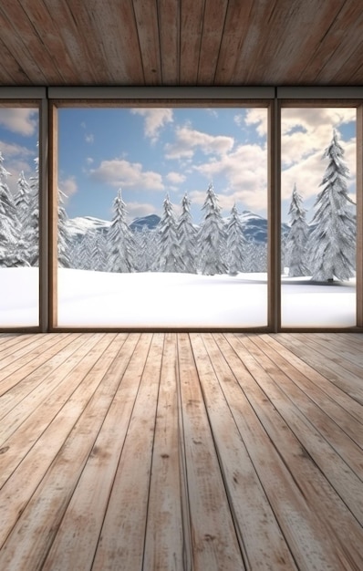 An empty room with a snowy view from the windows