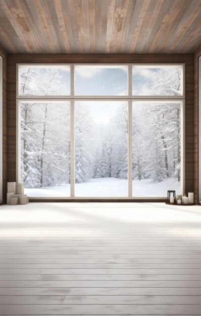 An empty room with a snowy view from the windows