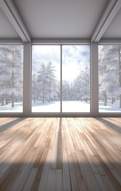 An empty room with a snowy view from the windows