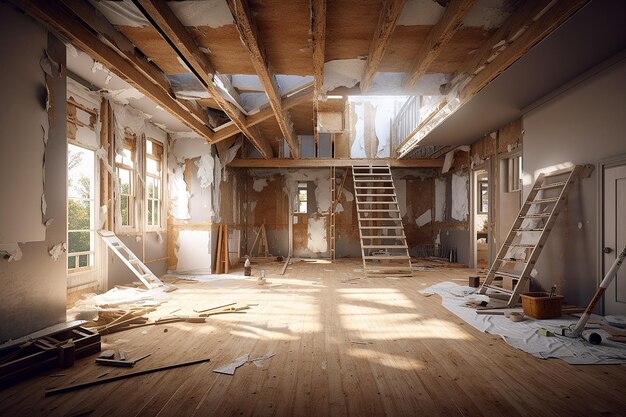 An empty room with a staircase and a ladder that is missing.