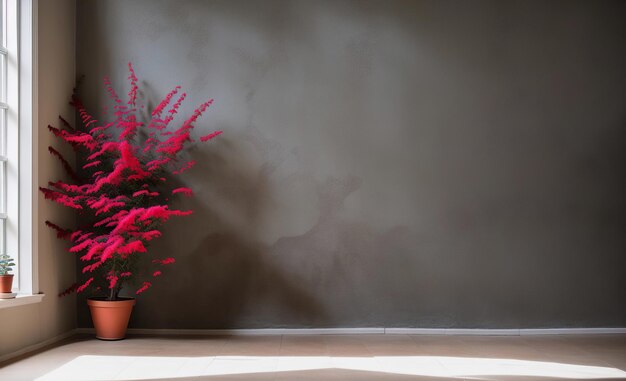 Empty room with stucco wall and vase with red plant Generative AI