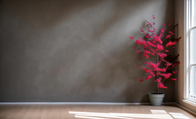 Photo empty room with stucco wall and vase with red plant generative ai