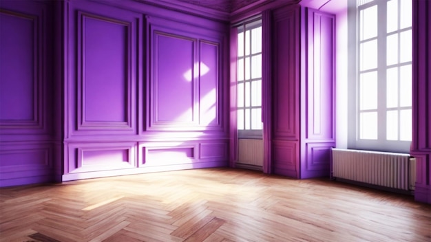 紫色の壁の寄木細工の床の窓とブラインドのある空の部屋