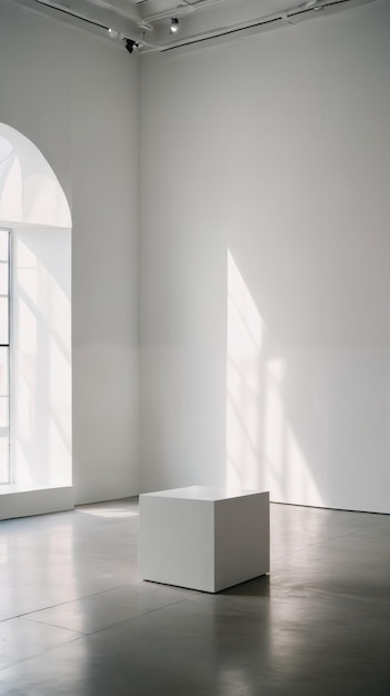 Empty Room With White Cube on Floor