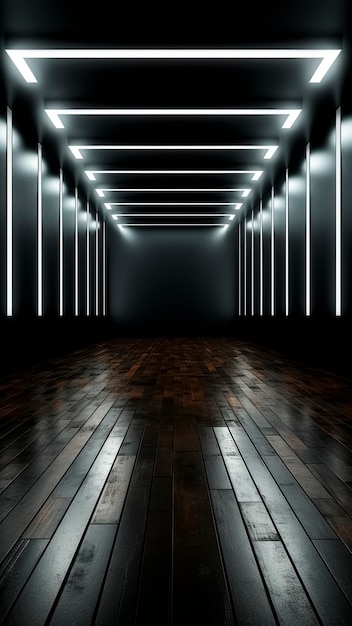 An empty room with white neon lights and wooden floor