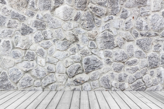 Empty Room with White Stone Grunge Wall and Plank Wooden Floor extreme closeup. 3d Rendering