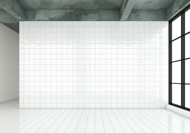 Photo empty room with white tile wall and white tile floor. 3d rendering