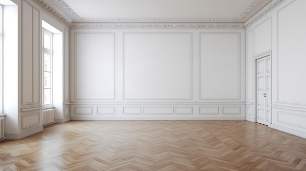 Empty room with white wall and wooden floor Generative AI