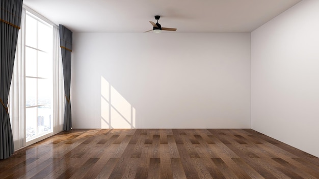 Empty room with white wall wooden floor wide panoramic window dark gray curtain and ceiling fan