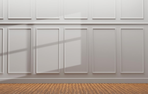 사진 흰색 벽과 천연색 목재 3d 렌더링 그림이 있는 빈 방