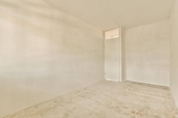 an empty room with white walls and a door