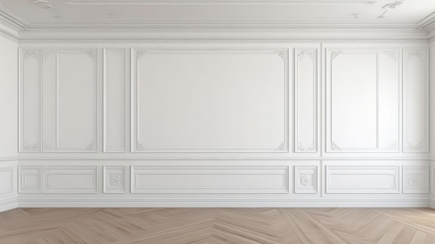 흰 벽과 나무 바닥이 있는 빈 방