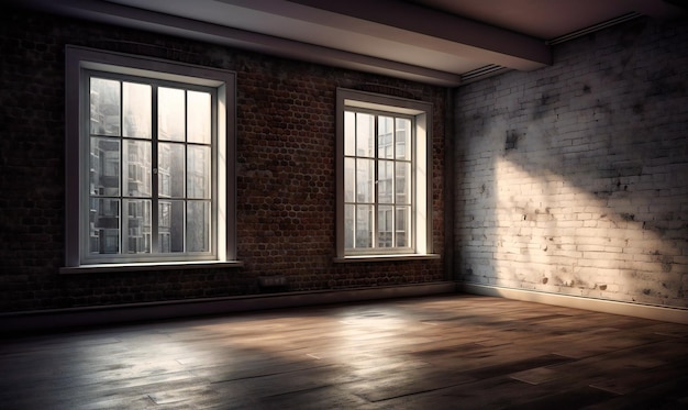 An empty room with window and brick wall