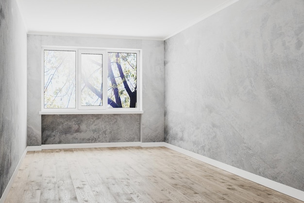 empty room with window empty decorative plaster walls and wooden floor white ceiling empty walls 3d rendering