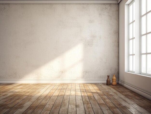 empty room with a window and a wooden floor with a vase on it