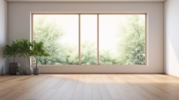 Фото Пустая комната с деревянным полом и большим окном
