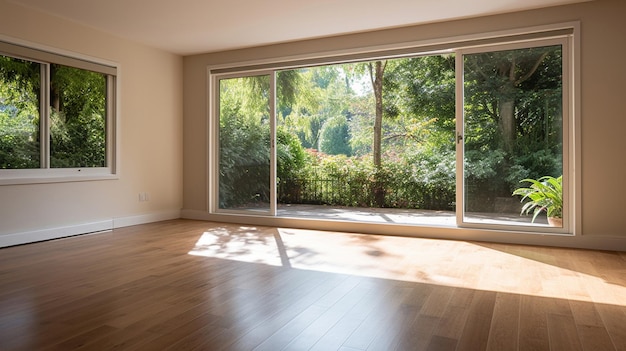 Empty room with wooden floor and big window