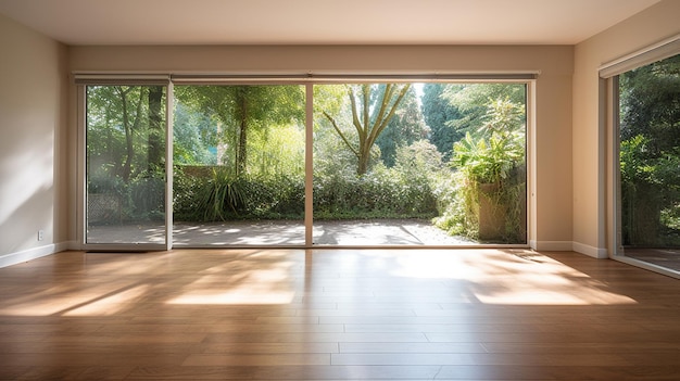 Photo empty room with wooden floor and big window