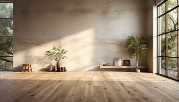 Empty Room with Wooden Floor and Concrete Wall