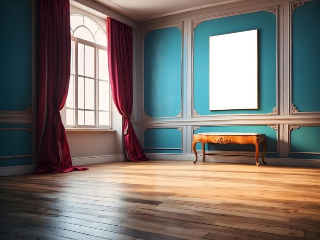 Empty room with wooden floor and image on the wall