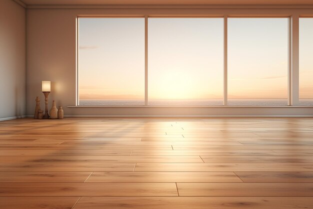 Empty room with wooden floor and large window 3D Rendering