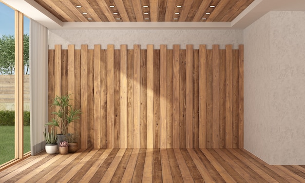 Empty room with wooden wall, floor and ceiling