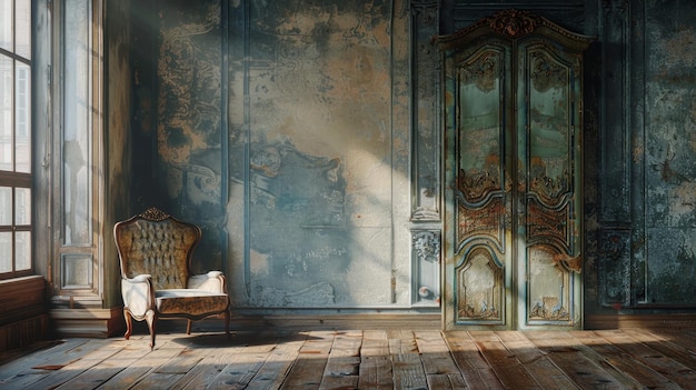 An empty room with a worn wooden chair and a closed door bathed