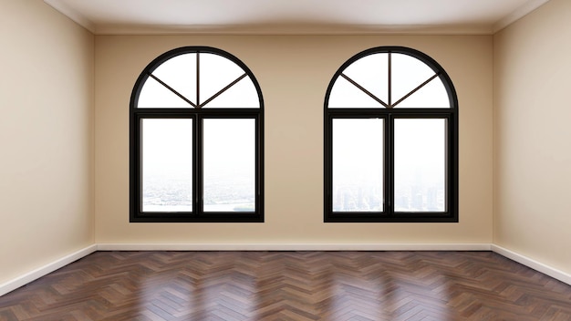 Empty room with the yellow color wall herringbone parquet floor two antique black frame windows