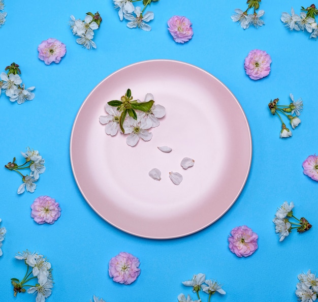 Empty round ceramic pink plate on a blue in the midst of flowering buds 