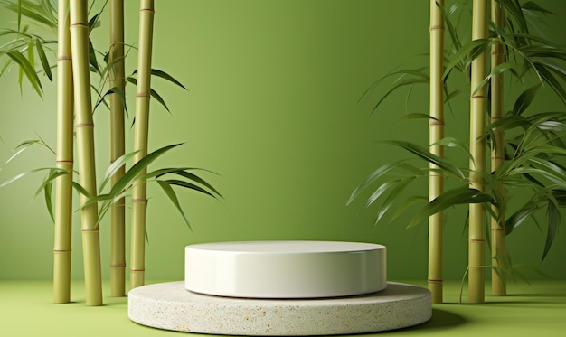Empty round marble stone platform podium with bamboo tree on green background Product display presentation concept
