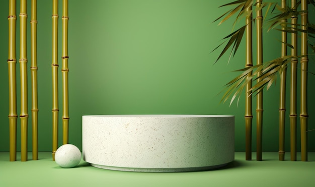 Empty round marble stone platform podium with bamboo tree on green background Product display presentation concept
