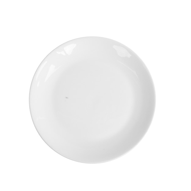 Empty round plate, white ceramic, isolated on white background, top view, clipping part.