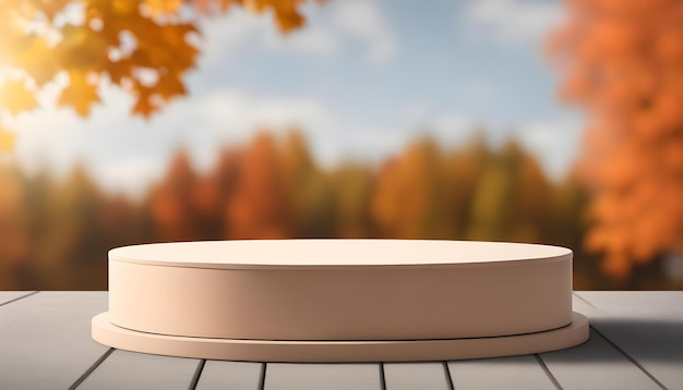 Empty Round Podium for Product Display on Autumn Background Generative Ai