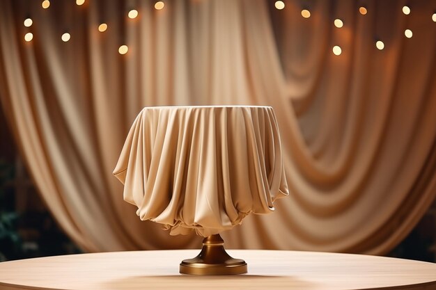 Empty round podium with background covered with beige cloth stand against the background of beige