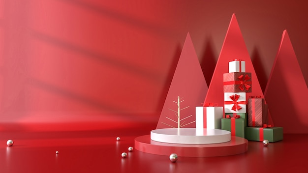 Empty round podium with a Christmas theme Christmas red background