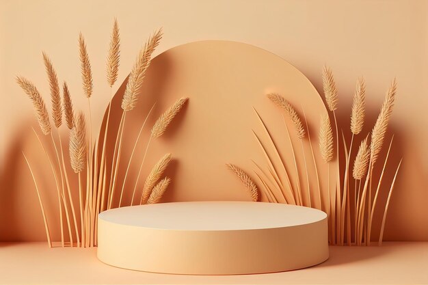 An empty round podium with wheat ears on a pink background.