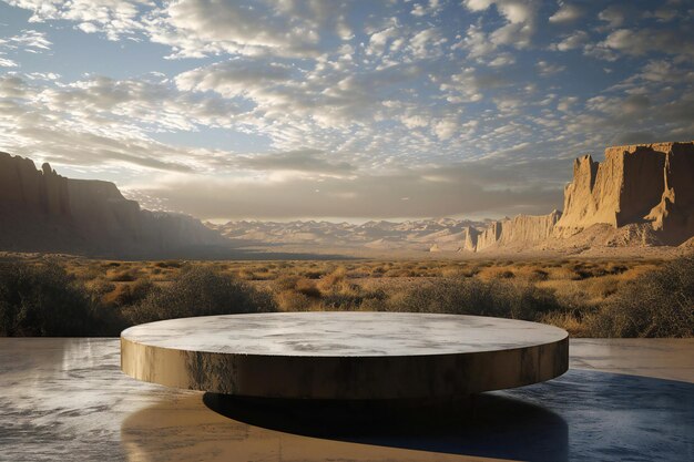 Photo empty round stone platform in the desert